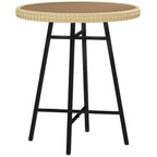 Round outdoor side table with woven natural rattan-style top and black metal legs