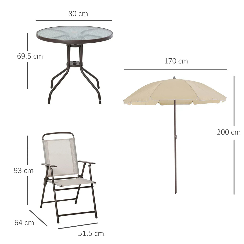 Garden Patio Texteline Folding Chairs Plus Table and Parasol Furniture Bistro Set 6 Pieces - Coffee/Cream - Bobobiy