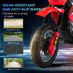 Front wheel and fork of red kids electric motorbike with anti-slip tires