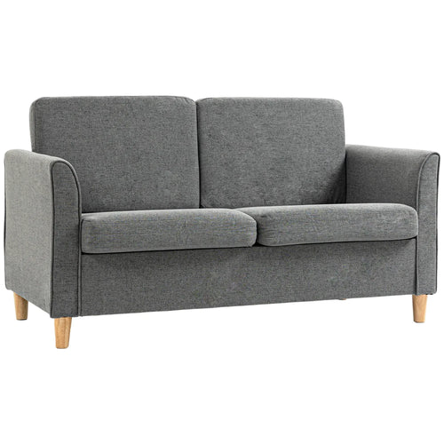 Grey 2-seat loveseat sofa with armrests, two back cushions, and wooden legs