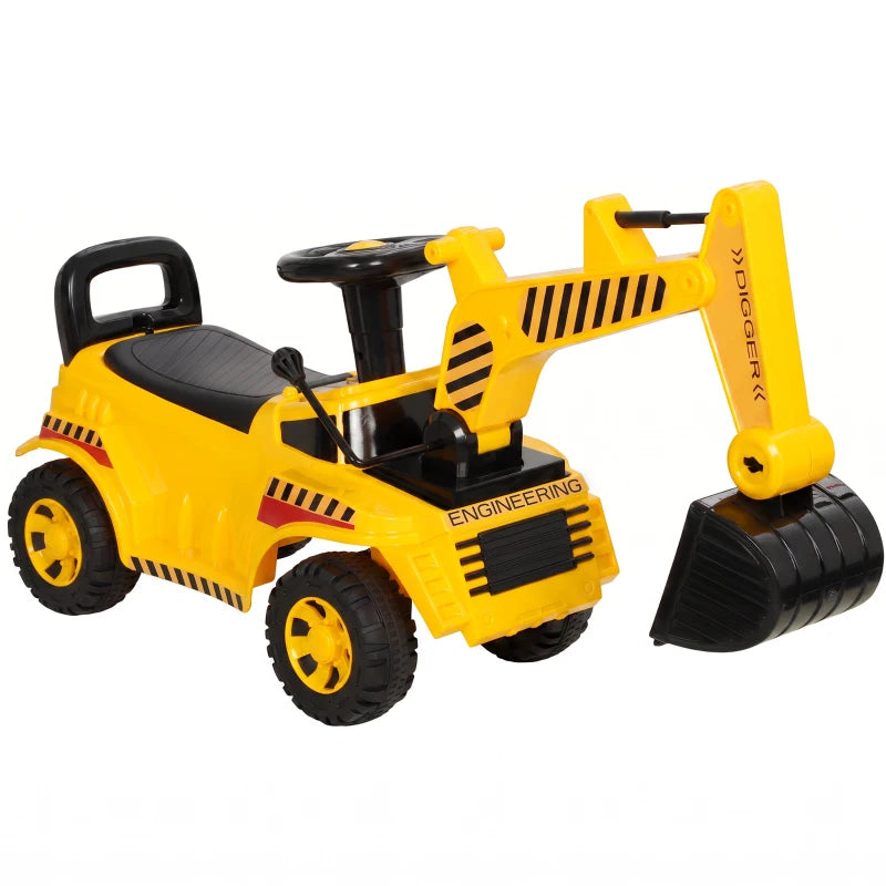 Yellow kids ride-on digger toy car with digging arm, front scoop bucket, and black wheels