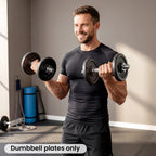 Grey metal weight plates on dumbbell handles, textured round discs with center holes