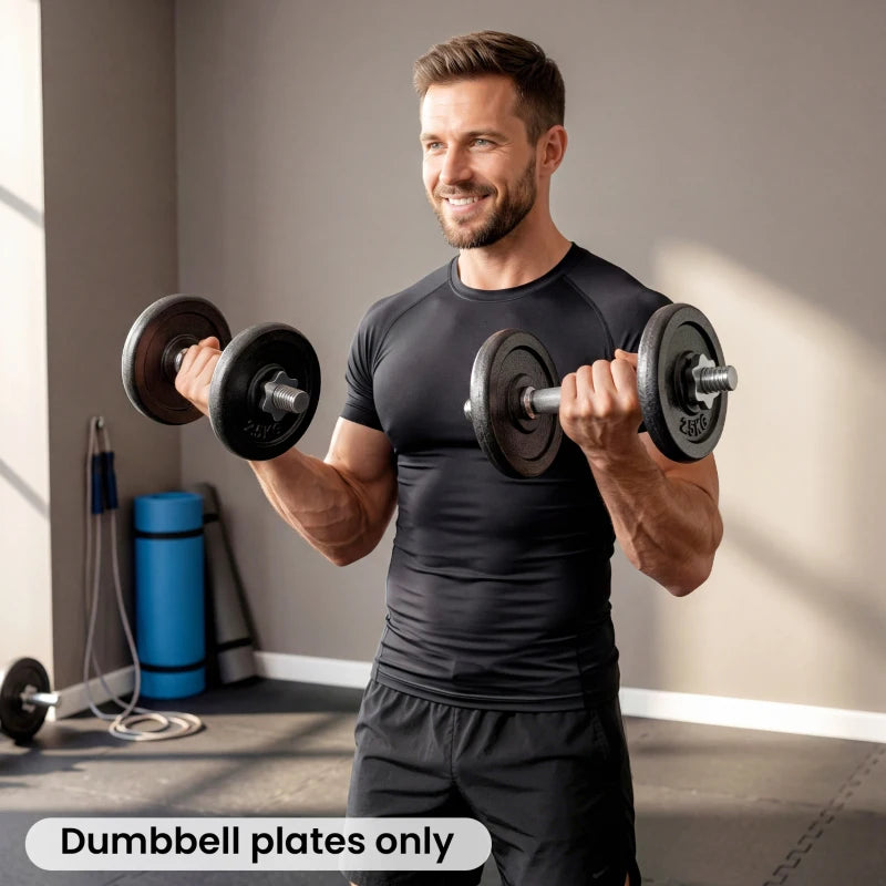 Grey metal weight plates on dumbbell handles, textured round discs with center holes