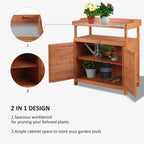 Wooden potting bench with cabinet storage; shelves hold planters and tools