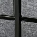 Grey fabric drawer front with black metal frame corner and pull handle edge