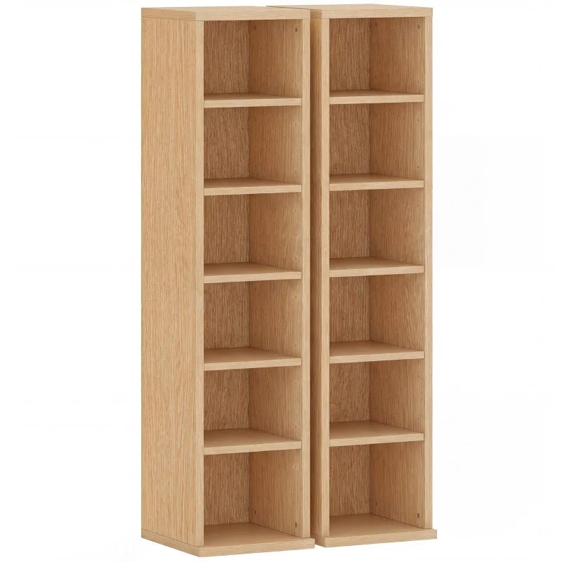 Natural wood media shelf tower with two columns and multiple open cubby compartments