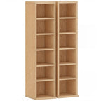 Natural wood media shelf tower with two columns and multiple open cubby compartments