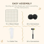 Black metal wire playpen assembly kit illustration with metal sheets and connectors