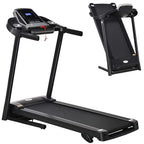 Black treadmill with LED console and handrail, folded support legs