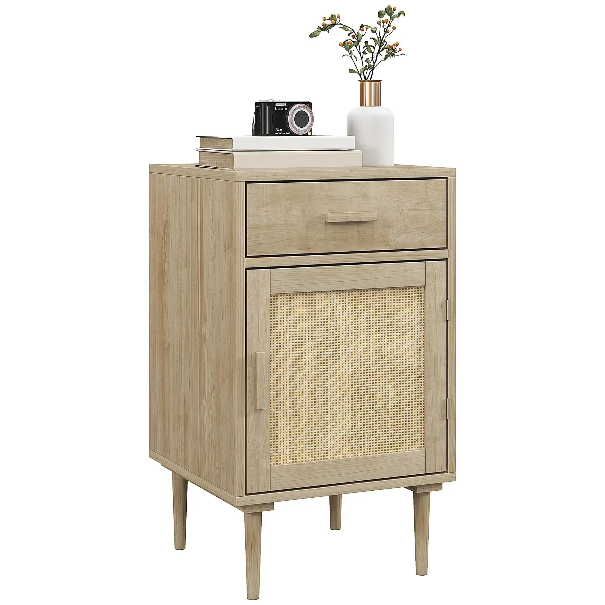 Bedside Table, Rattan Side Tables with Drawer, Cabinet and Adjustable Shelf, Boho Bedside Cabinet with Storage for Bedroom, Living Room, Natural Wood Effect - Bobobiy