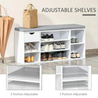White shoe storage bench with grey cushioned top and adjustable shelving