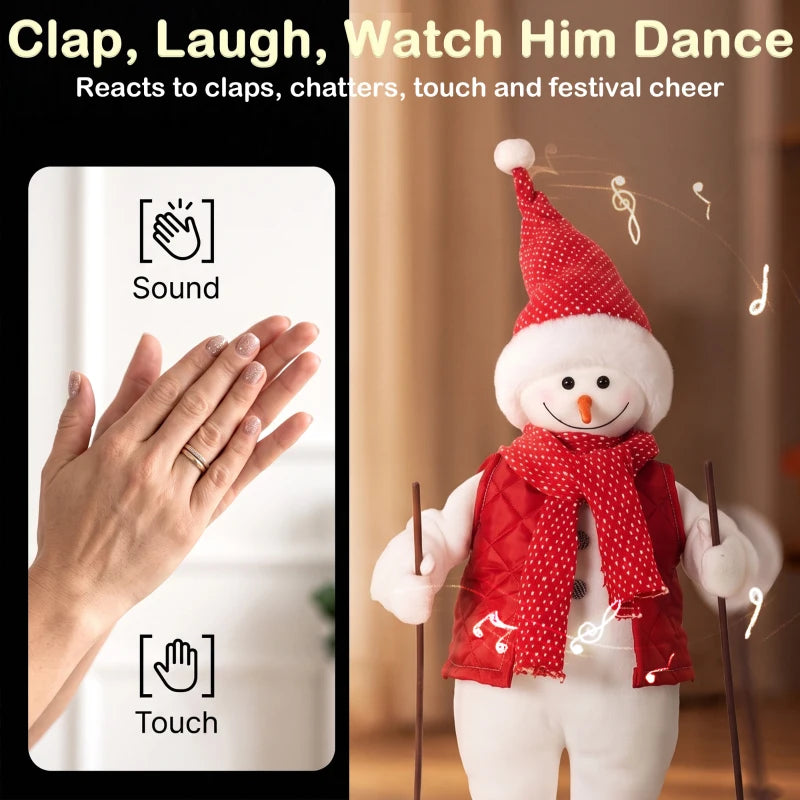 Touch-activated dancing Santa ski figure with red scarf, holding ski poles