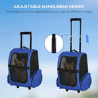 Blue rolling pet carrier backpack with adjustable telescopic handle height