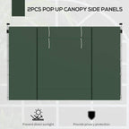 Green gazebo side panels set with center seam and white support poles on pop-up frame.