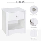 White bedside table details: round metal handle, metal slider, solid base.