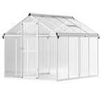 White aluminium frame greenhouse with clear polycarbonate roof and sliding door front