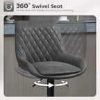 Dark grey quilted bar stool with 360° swivel seat and round footrest, height-adjustable