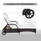 Dark brown rattan sun lounger recliner with white cushion and transport wheels
