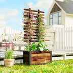Carbonised wooden raised planter box with lattice trellis on caster wheels