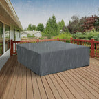 Gray outdoor furniture cover shown protecting furniture in the rain