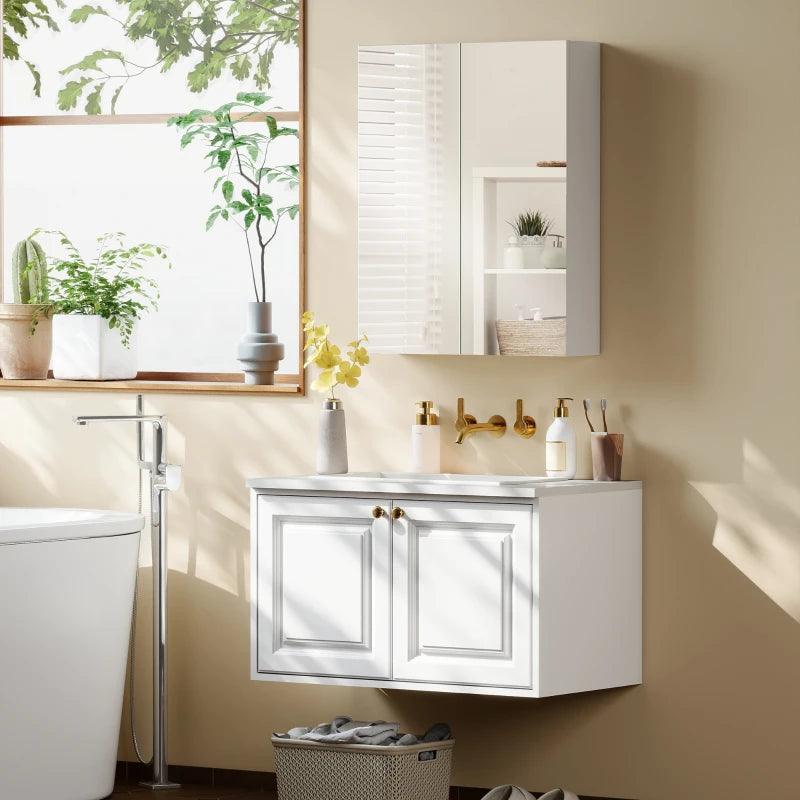 Bathroom Mirror Cabinet, 3-Tier Wall Mount Bathroom Storage Cabinet with Soft-Close Hinges and Adjustable Shelf, Double Door Cupboard, 60 x 15 x 75 cm, White