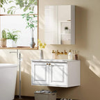 White wall-mounted bathroom cabinet with mirror doors and open shelving