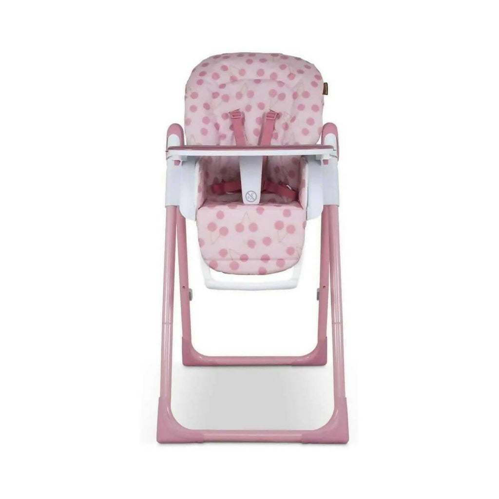 Infant highchair with cherry pattern seat pad, white tray, and pink support frame