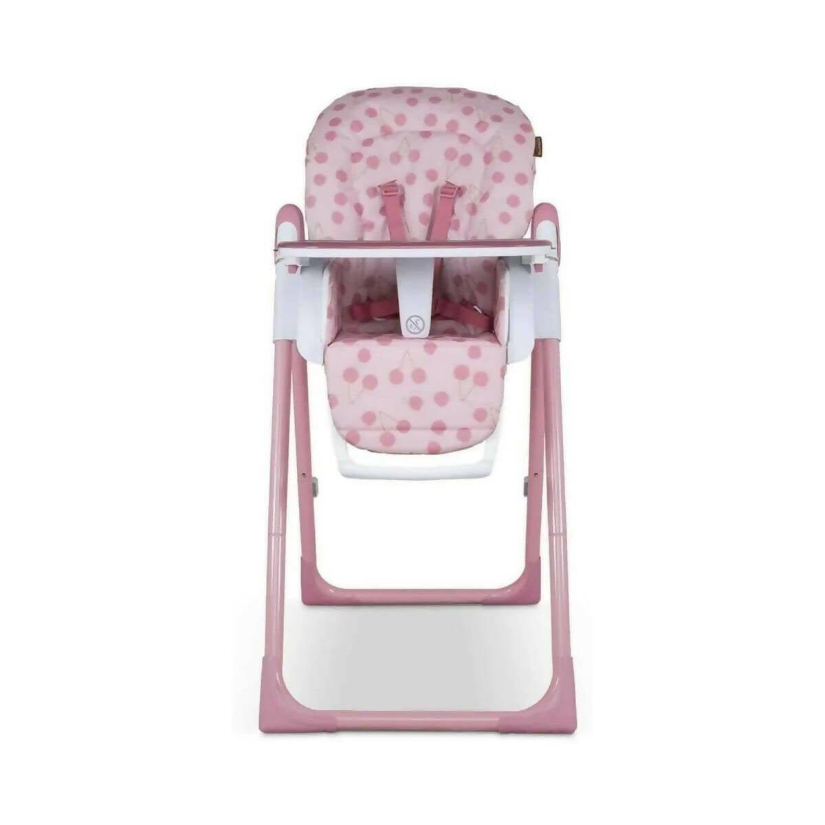 Infant highchair with cherry pattern seat pad, white tray, and pink support frame