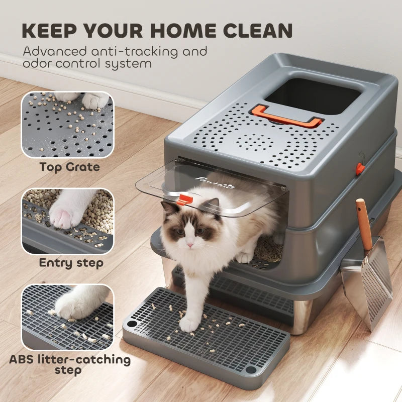Dark grey enclosed cat litter tray with lid, step platform and entry grille