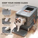 Dark grey enclosed cat litter tray with lid, step platform and entry grille