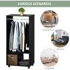 Black mobile garment rack with hanging rail and storage shelves shown in room scenes