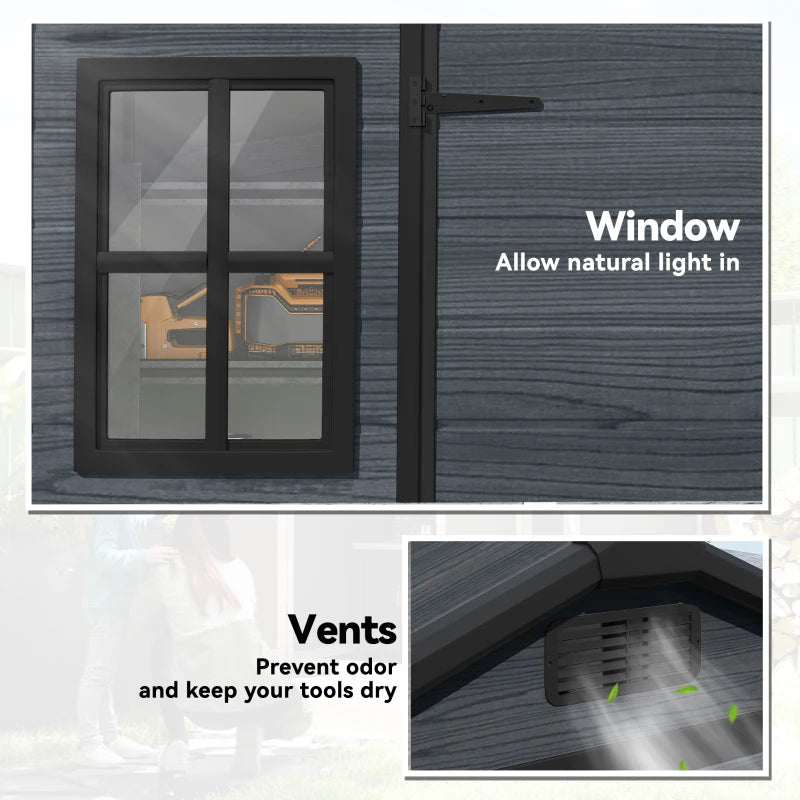 Dark grey resin shed wall with window panel and vent openings