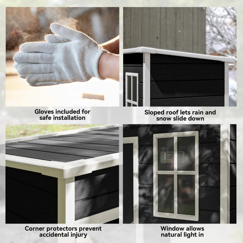 Black shed features: sloped roof, corner protectors, and two-pane window
