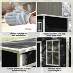 Black shed features: sloped roof, corner protectors, and two-pane window
