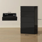 High-gloss black 5-drawer cabinet in side view with drawer fronts and flat top.