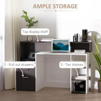 Black and white desk with display shelf, two drawers, and three-tier side shelving