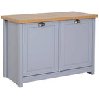 Grey shoe cabinet bench with two panel doors, metal cup handles, and oak wood top