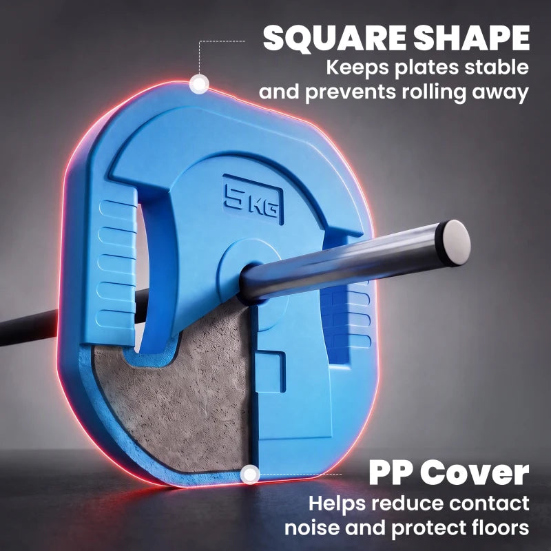 Square blue weight plate on barbell with protective end cover to reduce contact noise