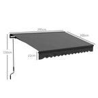Dark grey electric awning with labeled dimensions on extended roof