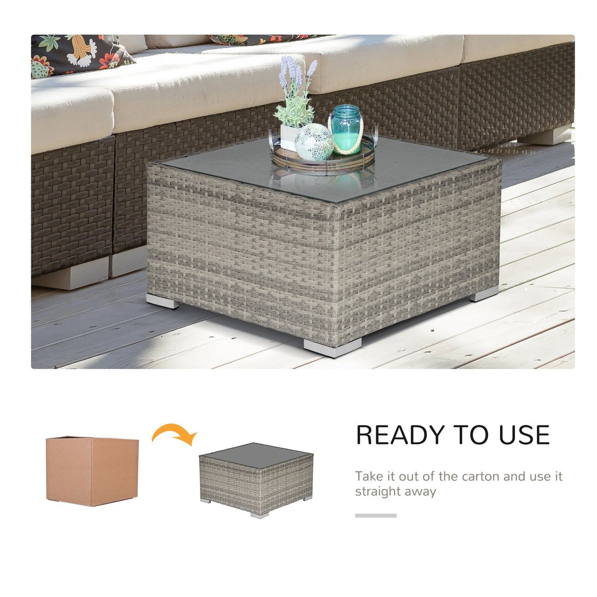 Gray wicker coffee table with glass top shown with patio furniture