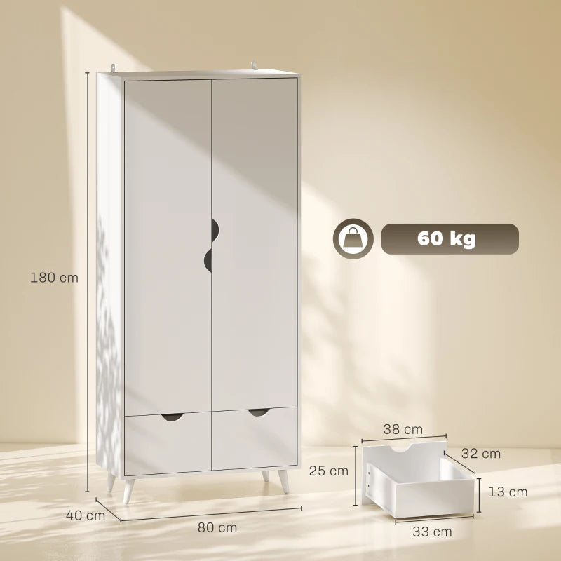 White 2-door wardrobe with 2 drawers and wood feet, side view.