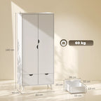White 2-door wardrobe with 2 drawers and wood feet, side view.