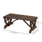 Rustic brown wooden bench with slatted top and curved wheel-style leg supports
