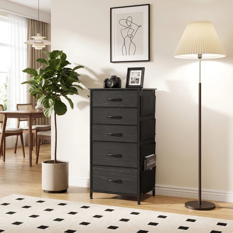 Black vertical dresser with 5 fabric drawers and steel frame legs for stability.