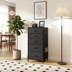 Black vertical dresser with 5 fabric drawers and steel frame legs for stability.