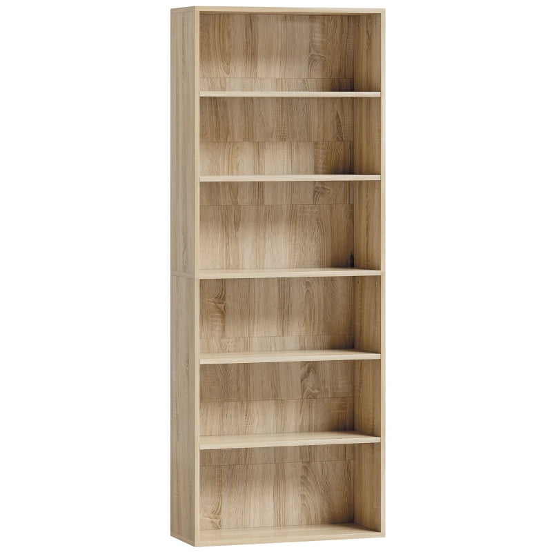 Oak wood effect 6-tier bookcase with open shelving and five visible compartments