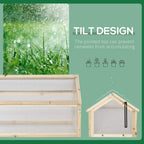 Wooden greenhouse corner with hinged open lid and supporting black strut