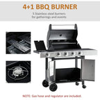 Gas barbecue grill trolley with 4+1 burners, side burner, and warming rack