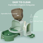 Green cat litter box with open front panel, pull-out tray, and scoop