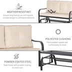 Khaki cushioned loveseat rocking glider bench with dark frame and armrests
